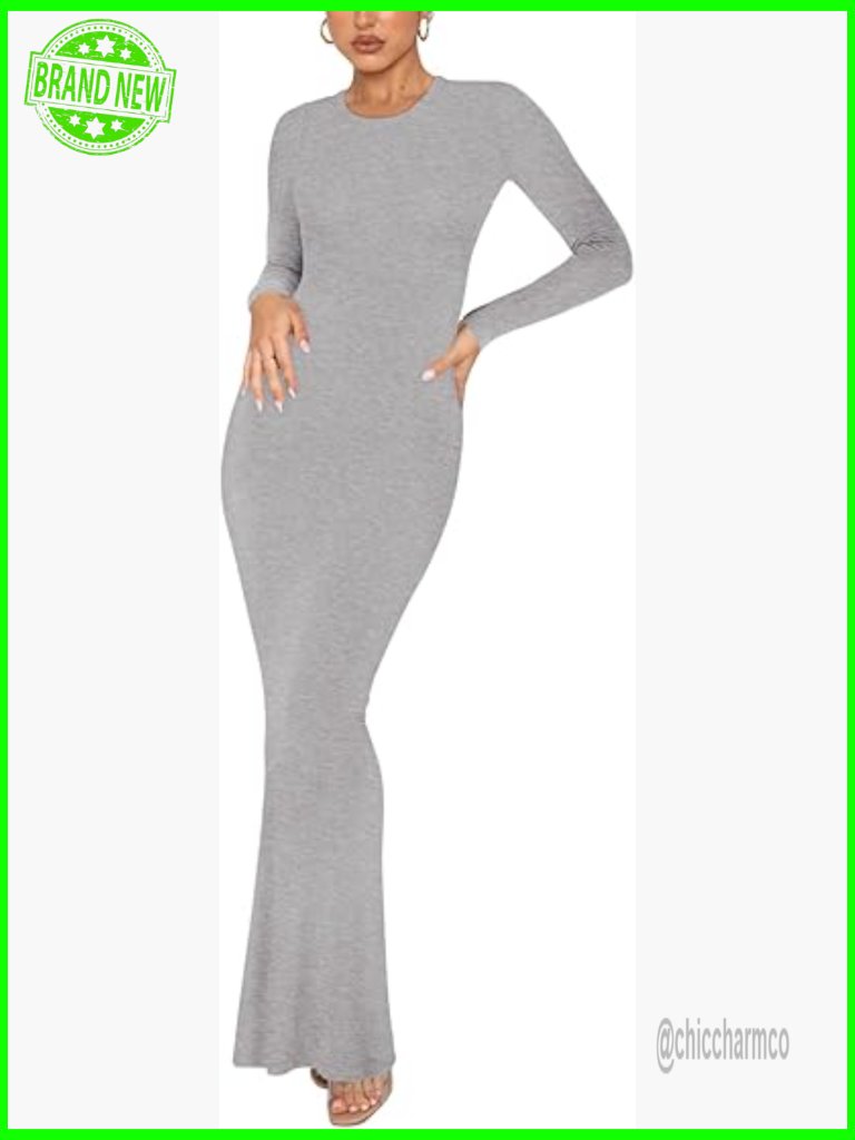 Elegant Long Sleeve Bodycon Maxi Dress Ribbed Crew Neck Lounge Dress